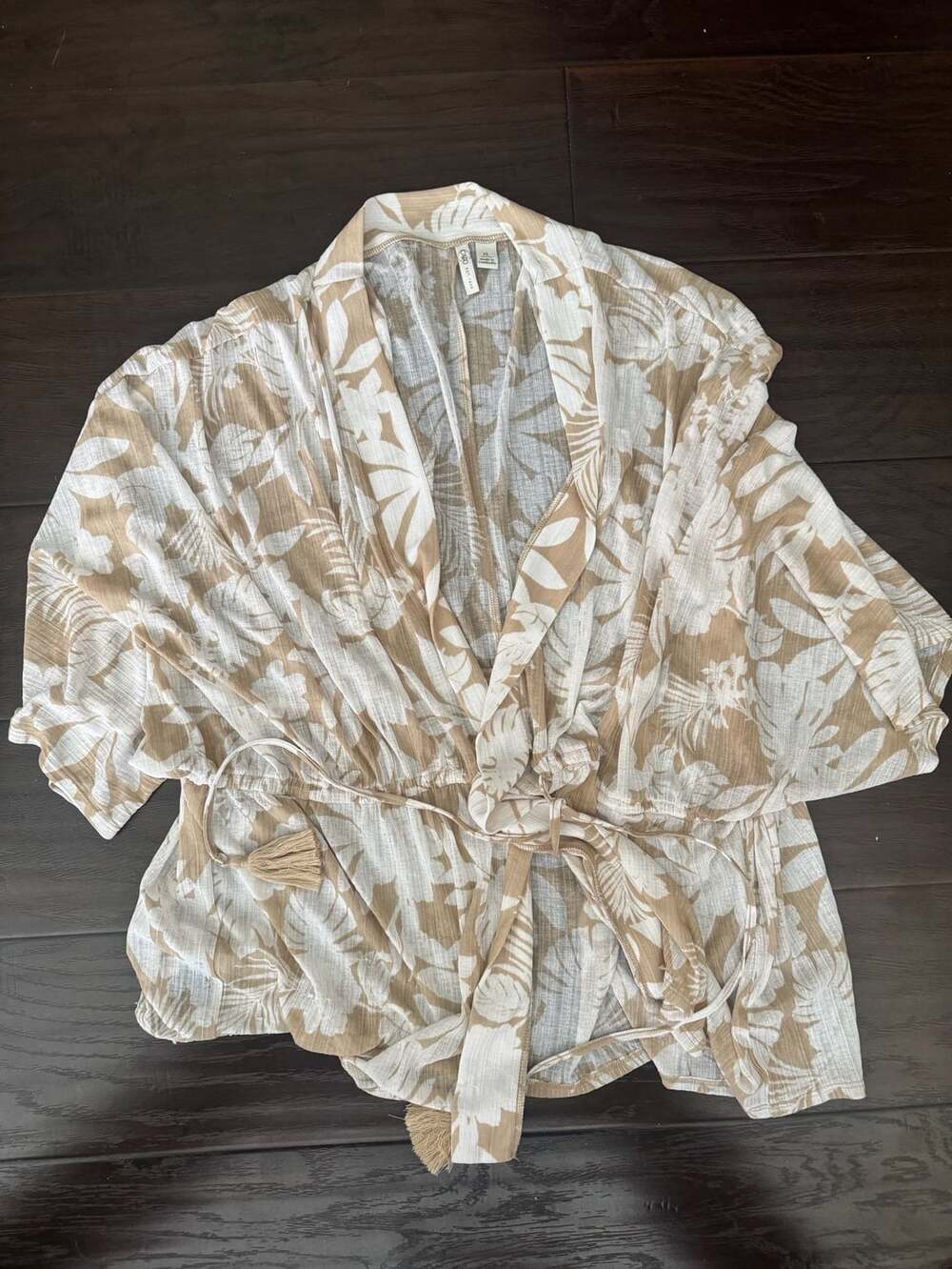 Cato Floral Kimono Size XL Beige White Tropical Leaf Tassels